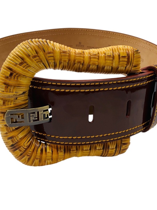 FENDI BROWN GENUINE PATENT LEATHER WIDE CINCH CORSET WAIST BELT WITH CHUNKY WICK main image 4